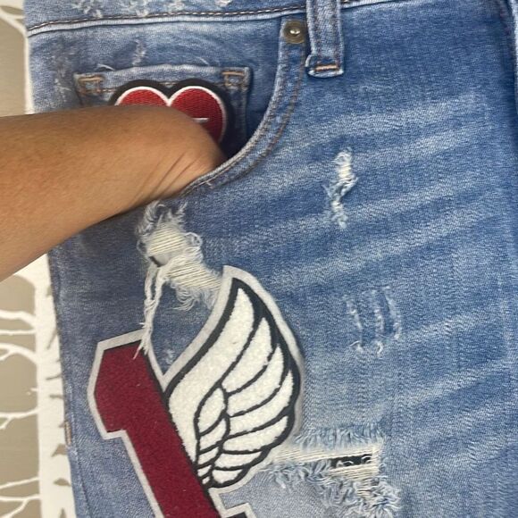 Express High Waist Cut Off Jean Shorts with Patches 6 - Picture 9 of 11